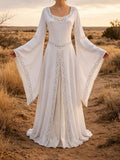 Front view of white medieval maxi dress with gray cord trim and bell sleeves