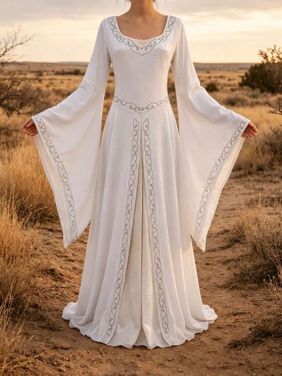 Front view of white medieval maxi dress with gray cord trim and bell sleeves