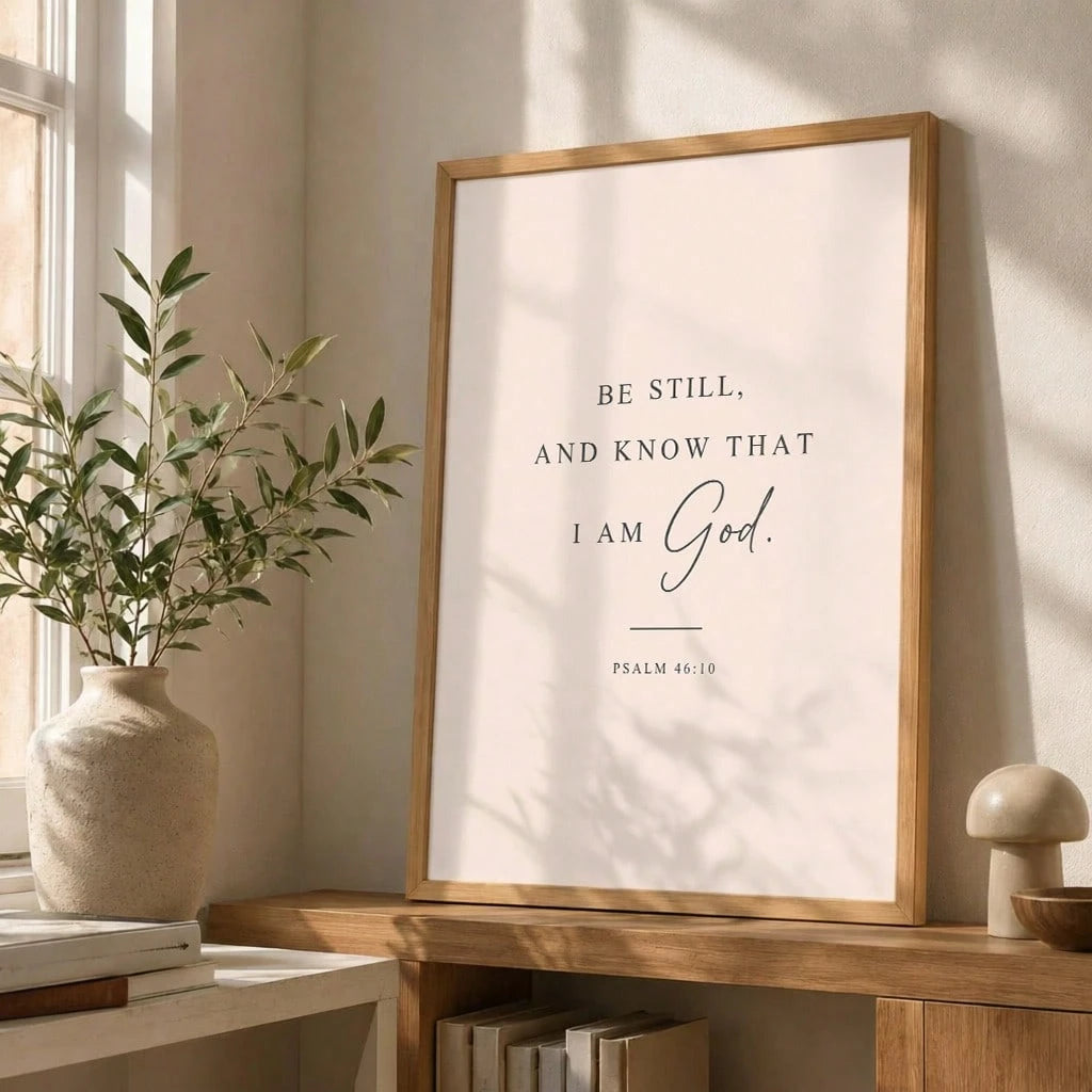 A framed wall art print with the text 'BE STILL, AND KNOW THAT I AM God. PSALM 46:10' in dark lettering on a warm off-white background, displayed in a light wood frame on a wooden console table in a sunlit room.