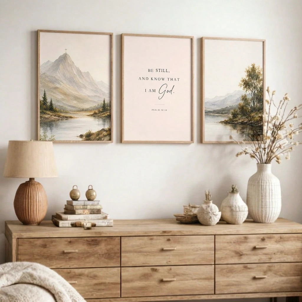 A styled interior scene showing three framed wall art prints above a wooden console table. The center print contains the text 'BE STILL, AND KNOW THAT I AM God' with a small cross above it.