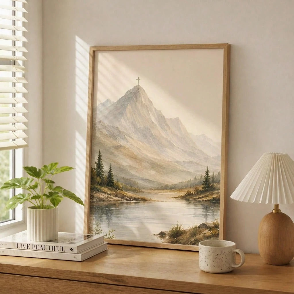 A framed landscape art print depicting a mountain peak with a cross, a calm lake, and pine trees, styled on a wooden dresser in a bright room next to a plant, books, a mug, and a lamp.