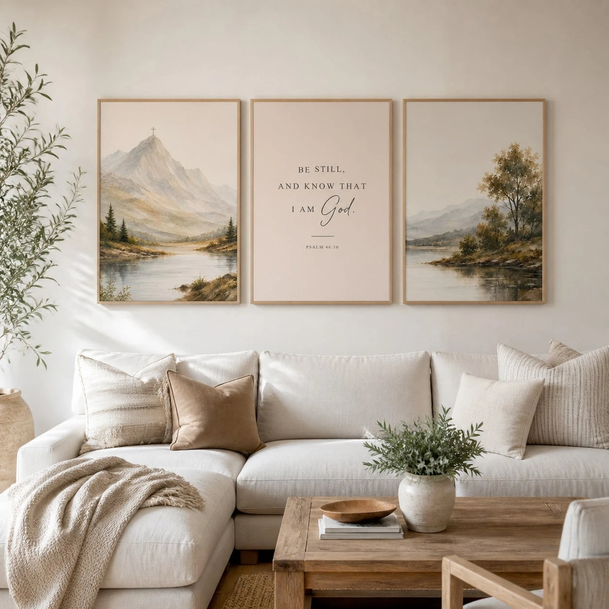Three framed wall art prints hang above a white sectional sofa in a bright, neutral living room. The left print shows a mountain landscape with a cross on the peak, the center print features a Bible verse, and the right print shows a lake landscape with trees.