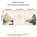 Three framed-less canvas art prints shown side by side with dimension labels: a mountain landscape on the left, a centered text print reading 'BE STILL, AND KNOW THAT I AM God' with scripture, and a lake/trees landscape on the right. Text above states 50x70cm without frame, and a note says the black border shown is only for visual effect; actual product has no black border.
