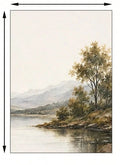 A canvas wall art print showing a calm lake scene with trees, distant mountains, and a pale sky. The image includes dimension labels indicating 50x70 cm / 19.