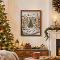 Vertical snowy Christmas village wall art with central tree and Santa sleigh in a holiday room