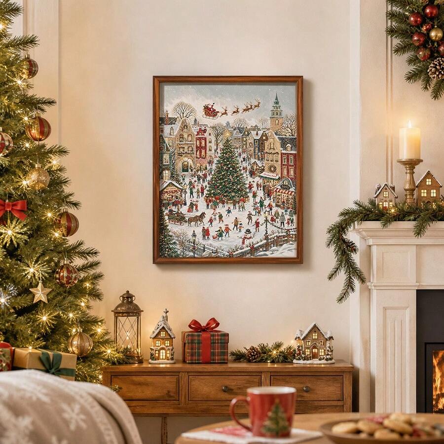 Vertical snowy Christmas village wall art with central tree and Santa sleigh in a holiday room