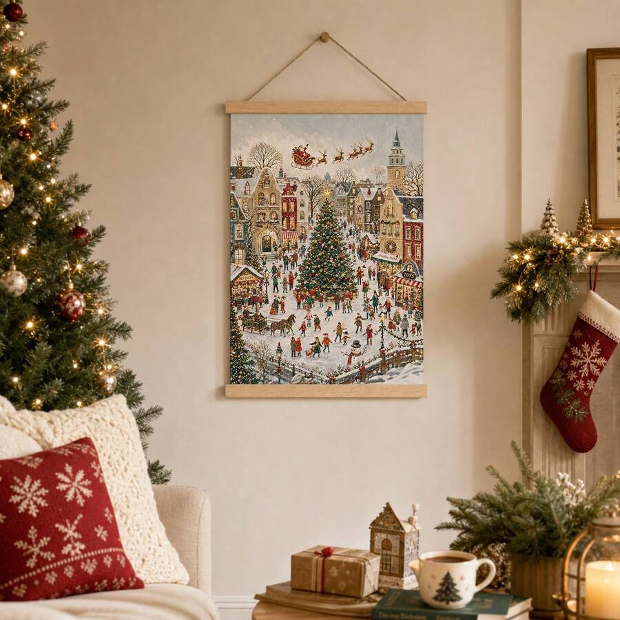 Hanging Christmas village canvas with wooden rails, decorated tree and snowy holiday market scene