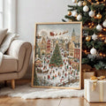 Light wood framed Christmas village canvas leaning beside a decorated tree and gift box
