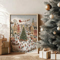 Close view of Christmas village canvas beside frosted tree with snowy town, sleigh and snowman