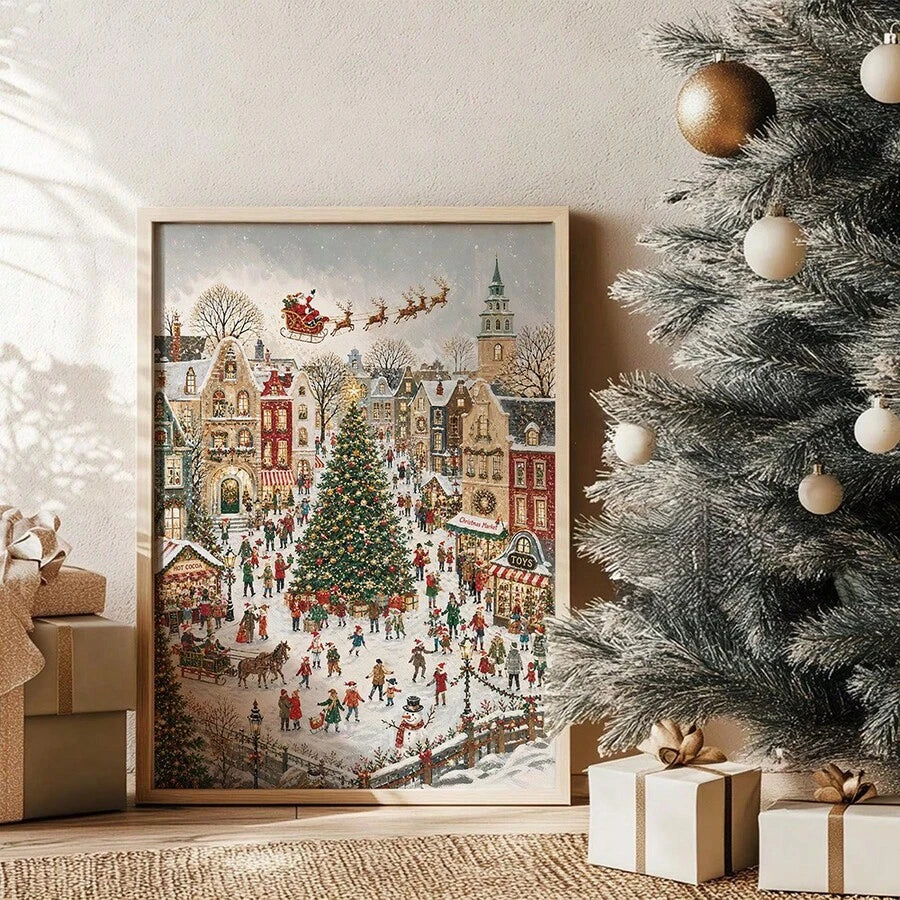 Close view of Christmas village canvas beside frosted tree with snowy town, sleigh and snowman