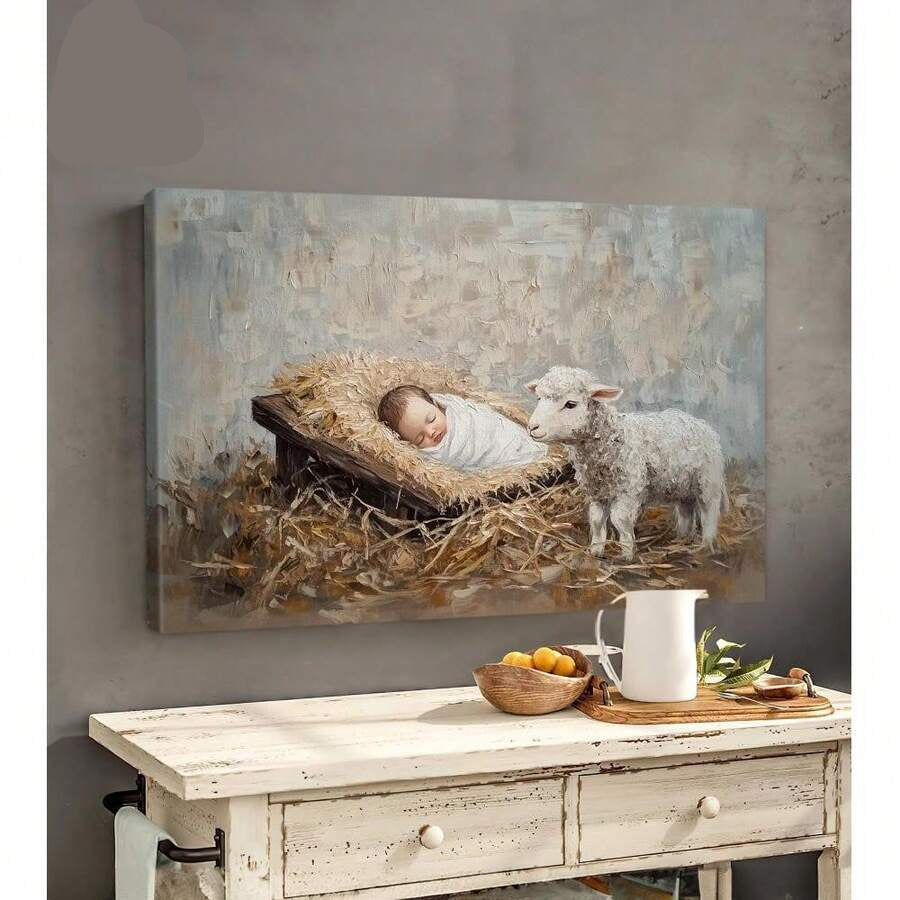 Celebrate Christ's birth with Holy Family Nativity canvas wall art, a meaningful Christian Christmas oil painting for faith filled holiday decor.