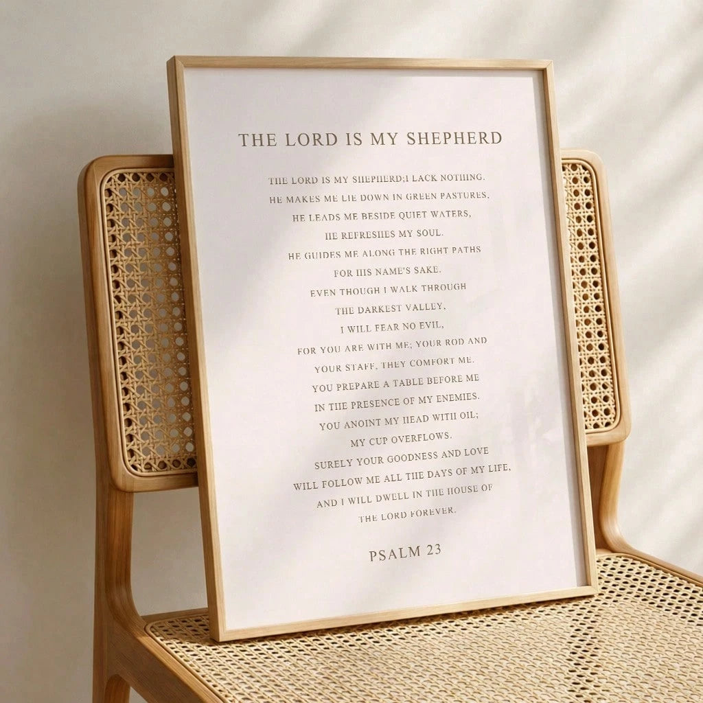 A framed scripture print featuring Psalm 23, 'The Lord is my Shepherd,' displayed on a woven rattan chair in a warm, natural setting.