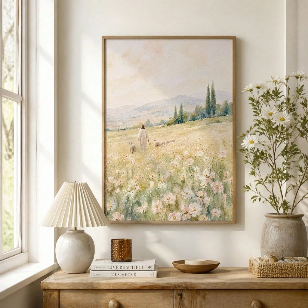 A framed landscape painting of a woman walking through a wildflower field hangs on a white wall above a wooden console table styled with a lamp, books, a candle, and a vase of white flowers.