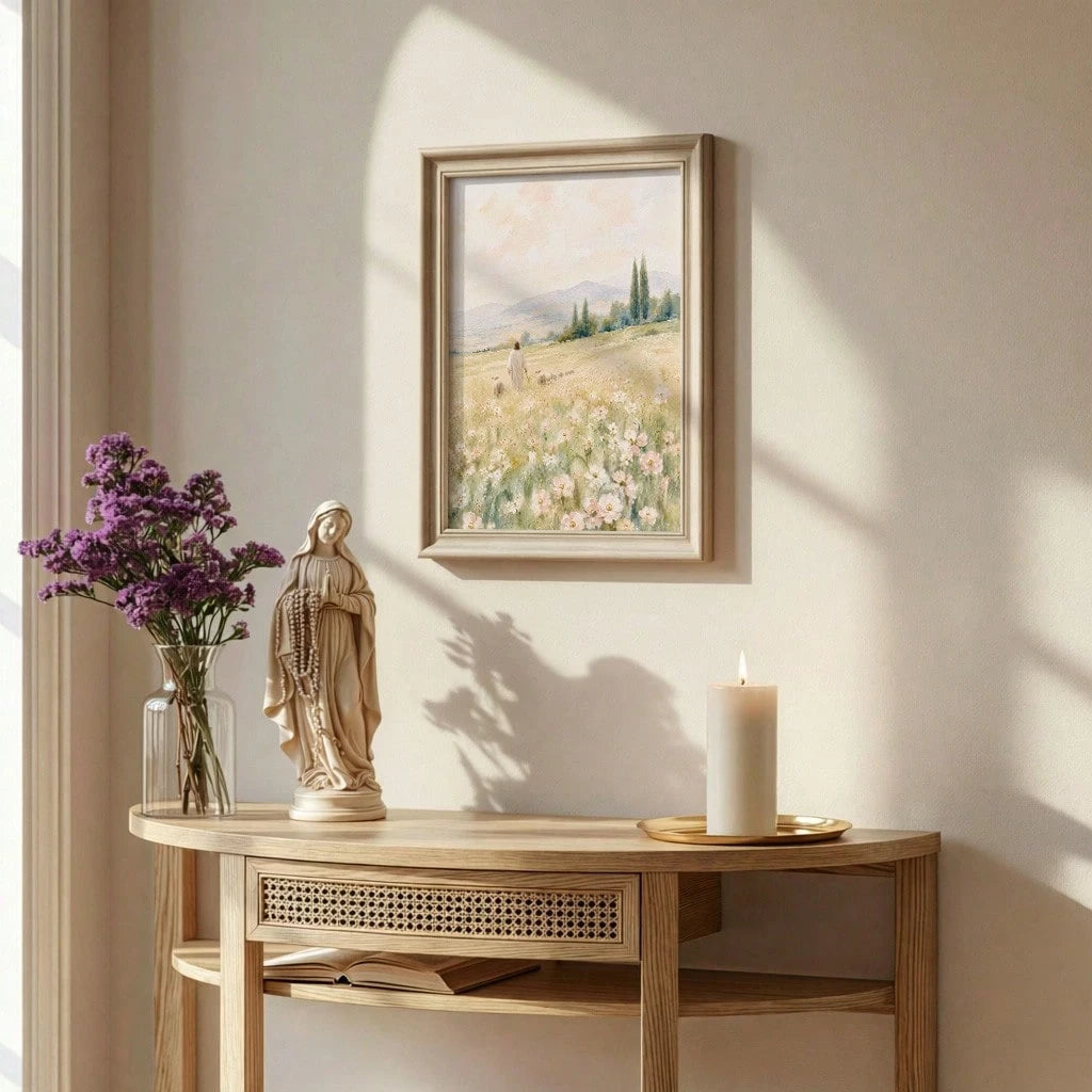 A framed landscape painting hangs on a beige wall above a light wood console table. The painting depicts a sunlit field with distant mountains and a few small figures.