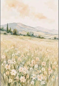 A watercolor landscape art print of a wildflower meadow with mountains, shown with dimension markings of 40x60cm (15.7x23.