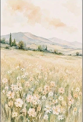 A watercolor landscape art print of a wildflower meadow with mountains, shown with dimension markings of 40x60cm (15.7x23.