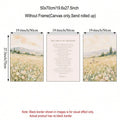 Three views of a framed-free canvas print showing a pastoral field landscape with mountains and white flowers, alongside a text panel reading 'THE LORD IS MY SHEEPHER' with Psalm 23. Text at the top states 50x70cm/19.