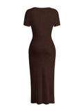 Product back view of dark brown fitted short-sleeve maxi dress with straight hem