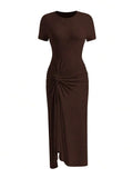 Product front view of dark brown twist-waist fitted dress with ruffled side slit