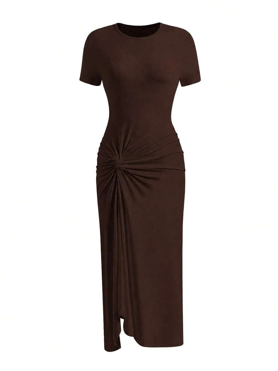 Product front view of dark brown twist-waist fitted dress with ruffled side slit