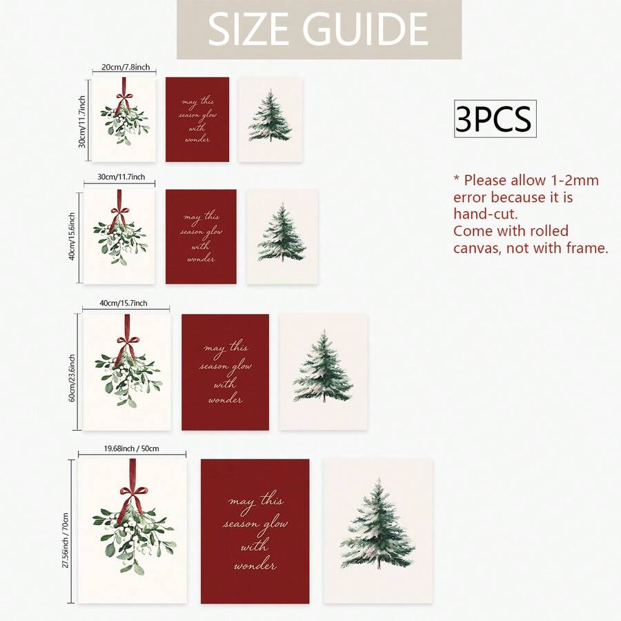 Size guide showing three Christmas canvas prints in four matching dimensions, unframed and rolled