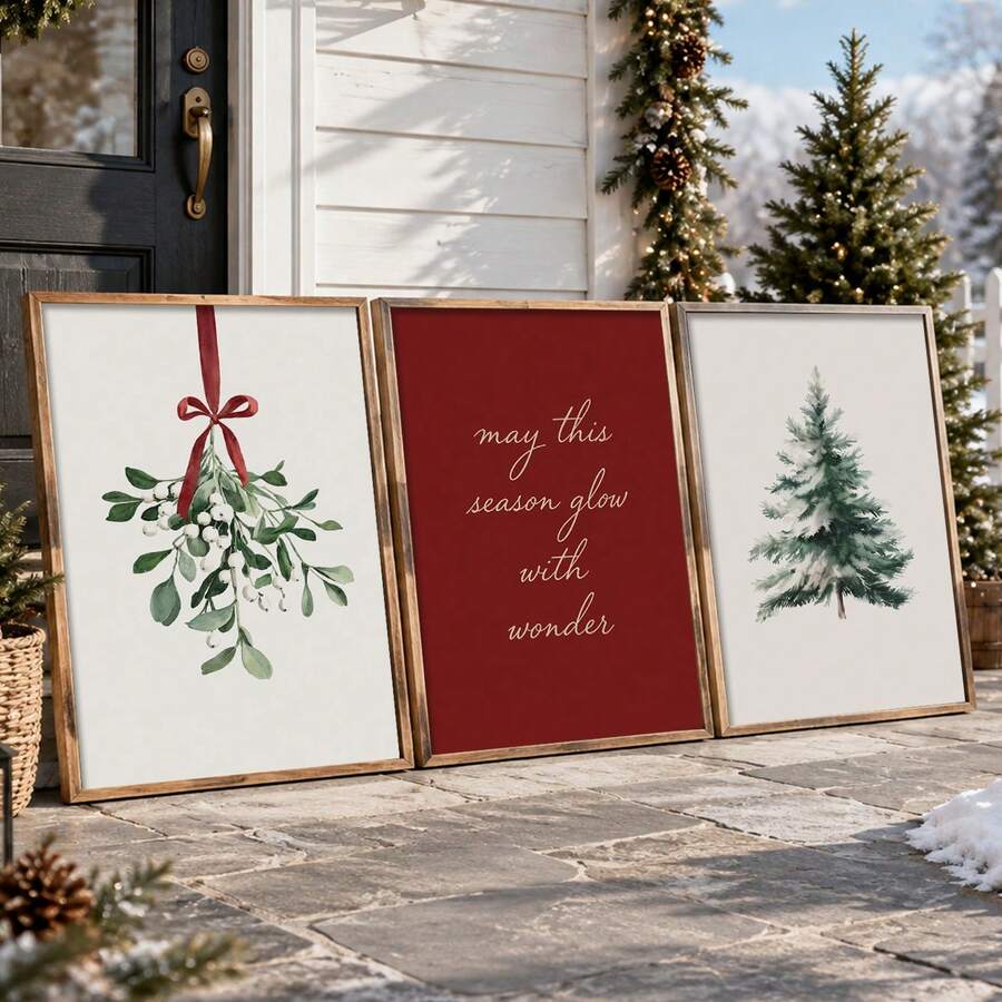 Mistletoe, holiday quote and evergreen canvas prints staged beside a snowy Christmas entry