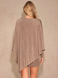 Back view of mocha brown knit bodycon mini dress with long draped cape sleeve