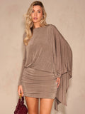 Front portrait view of mocha brown bodycon mini dress with round neckline and cape sleeve