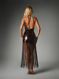 Back view of coffee sequin maxi dress showing its open back and tie fastening at the neck
