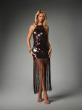 Full-length front view of fitted coffee sequin dress with sleeveless halter cut and fringe