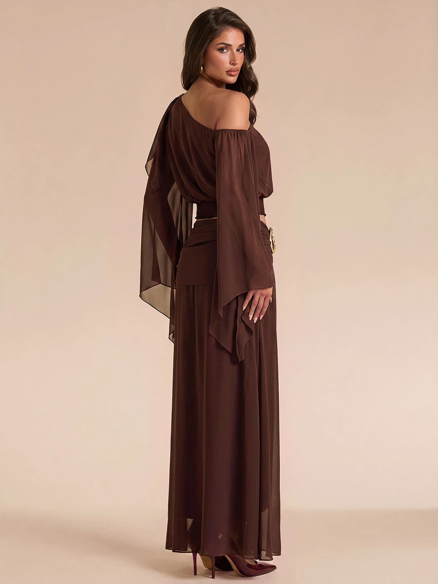 Brown one-shoulder two-piece skirt set with sheer draped sleeve for evening styling