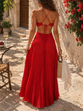 White pleated open-back maxi dress with crossed straps, rear view