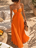 Burgundy pleated halter maxi dress with ruched bust, front view