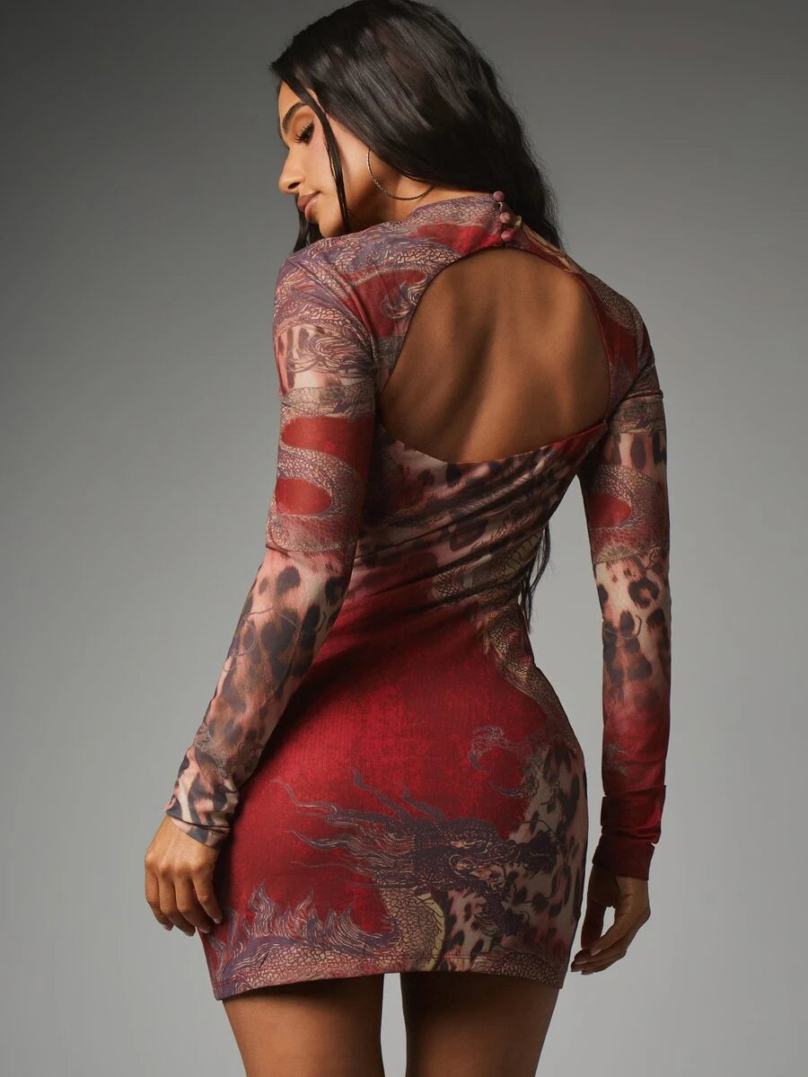Front view of rust-red dragon and leopard print mesh mini dress with chest cut-out and side slit