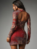 Back view of dragon and leopard mini dress showing large open-back cut-out