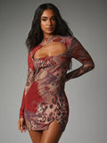 Three-quarter front view of rust-red dragon leopard mini dress with chest cut-out