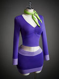 Angled front view of purple colorblock crop top and mini skirt three-piece costume set
