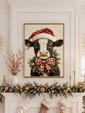 Christmas Cow Canvas Wall Art with Santa Hat and Buffalo Plaid Bow Farmhouse Decor