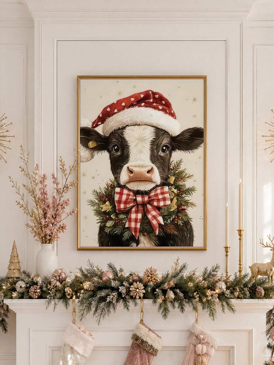 Christmas Cow Canvas Wall Art with Santa Hat and Buffalo Plaid Bow Farmhouse Decor