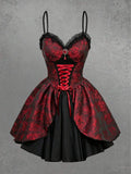 Front product view of red rose jacquard dress with black lace trim and corset ribbon lacing