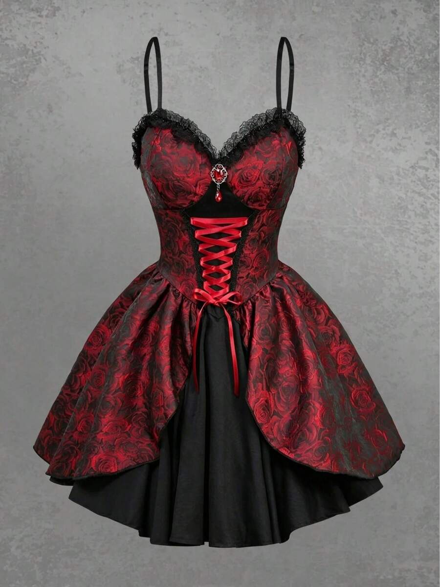 Front product view of red rose jacquard dress with black lace trim and corset ribbon lacing