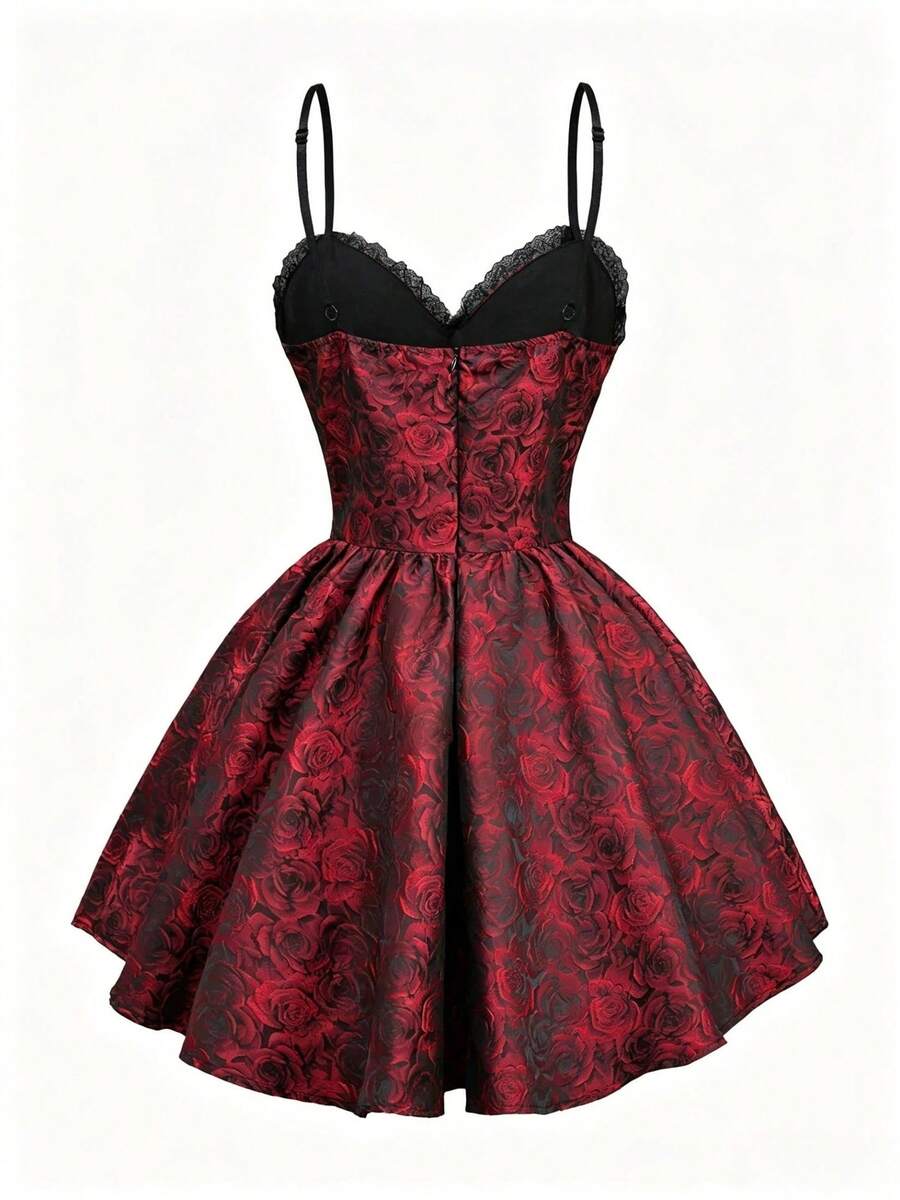 Back product view of red and black rose jacquard cami mini dress with flared skirt