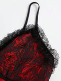 Close view of red rose jacquard fabric and black lace-trimmed sweetheart neckline