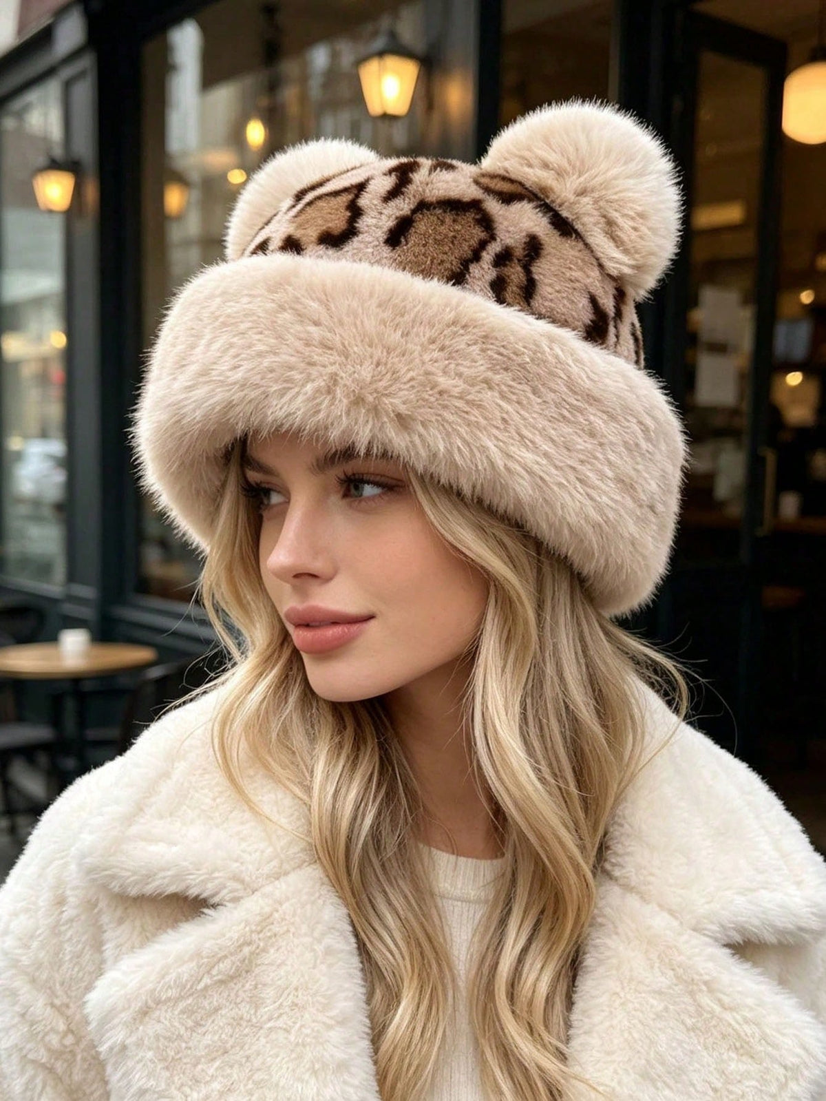 Close portrait showing taupe spotted crown, cream plush brim and rounded hat ears
