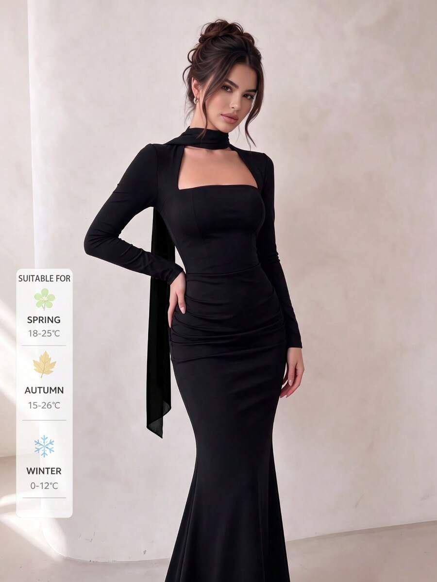Full front view of black bodycon mermaid midi dress with high waist
