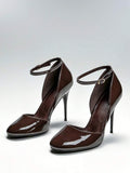 Pair of coffee brown patent ankle-strap high-heel pumps