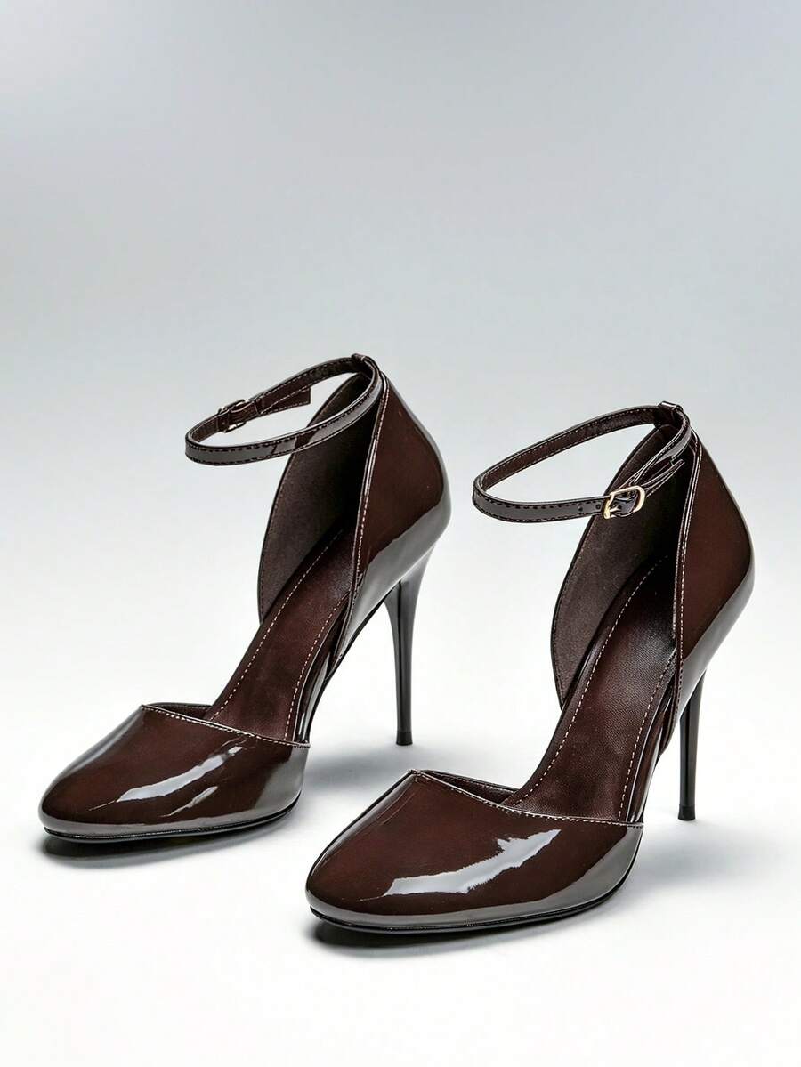 Pair of coffee brown patent ankle-strap high-heel pumps