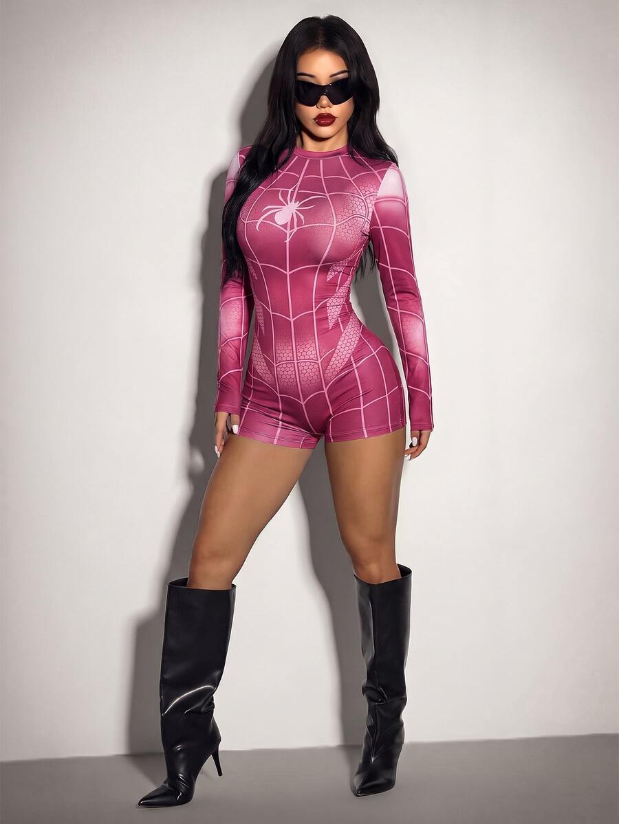 Full front view of burgundy pink fitted spiderweb Halloween unitard