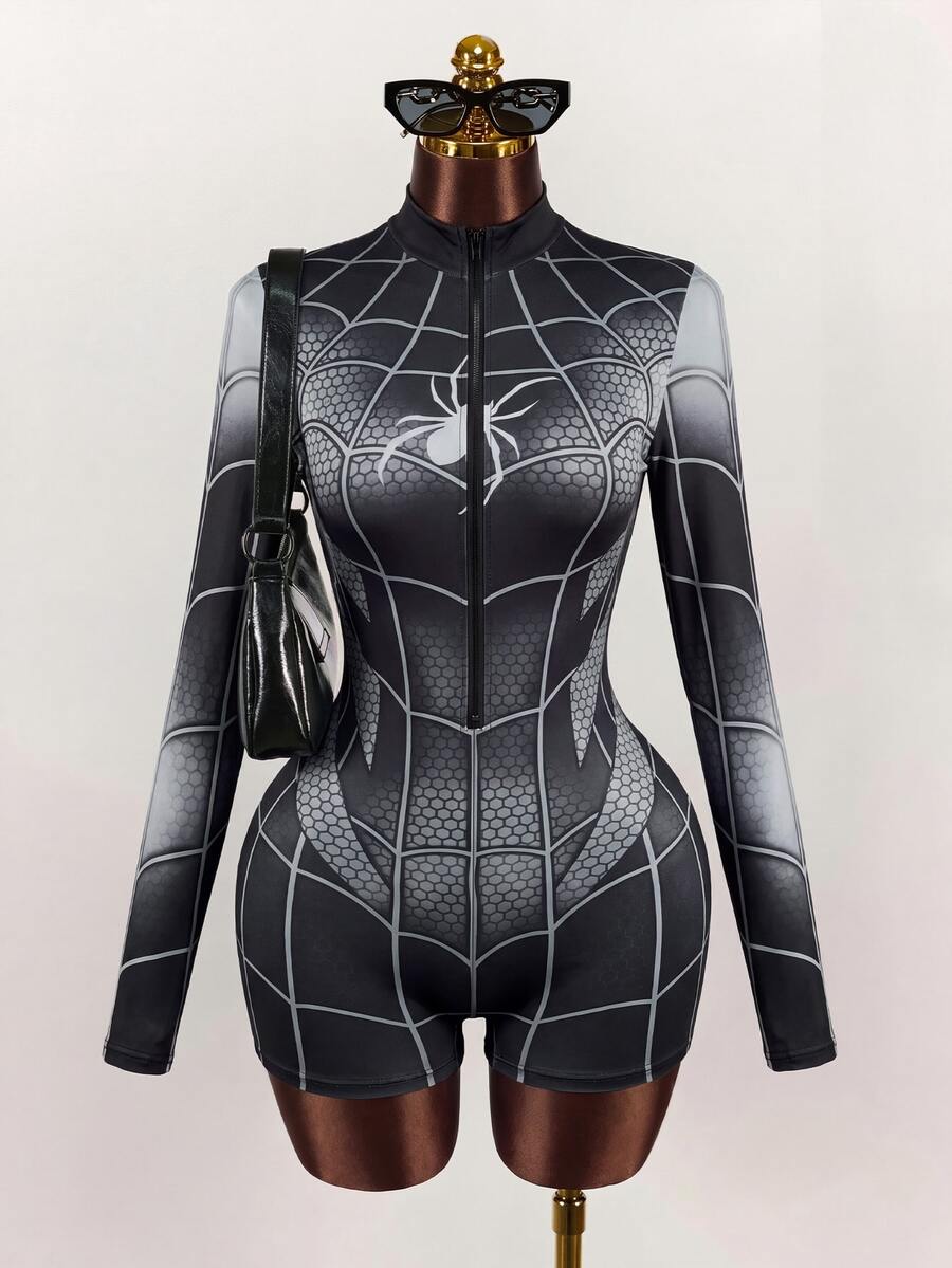 Mannequin front view of black gray web graphic stand-collar romper