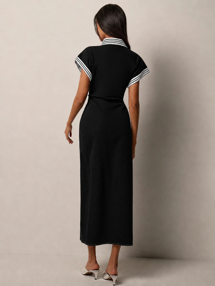 Chic Casual Denim Dress for Women with Roll-Up Short Sleeves and Waist Cinch 